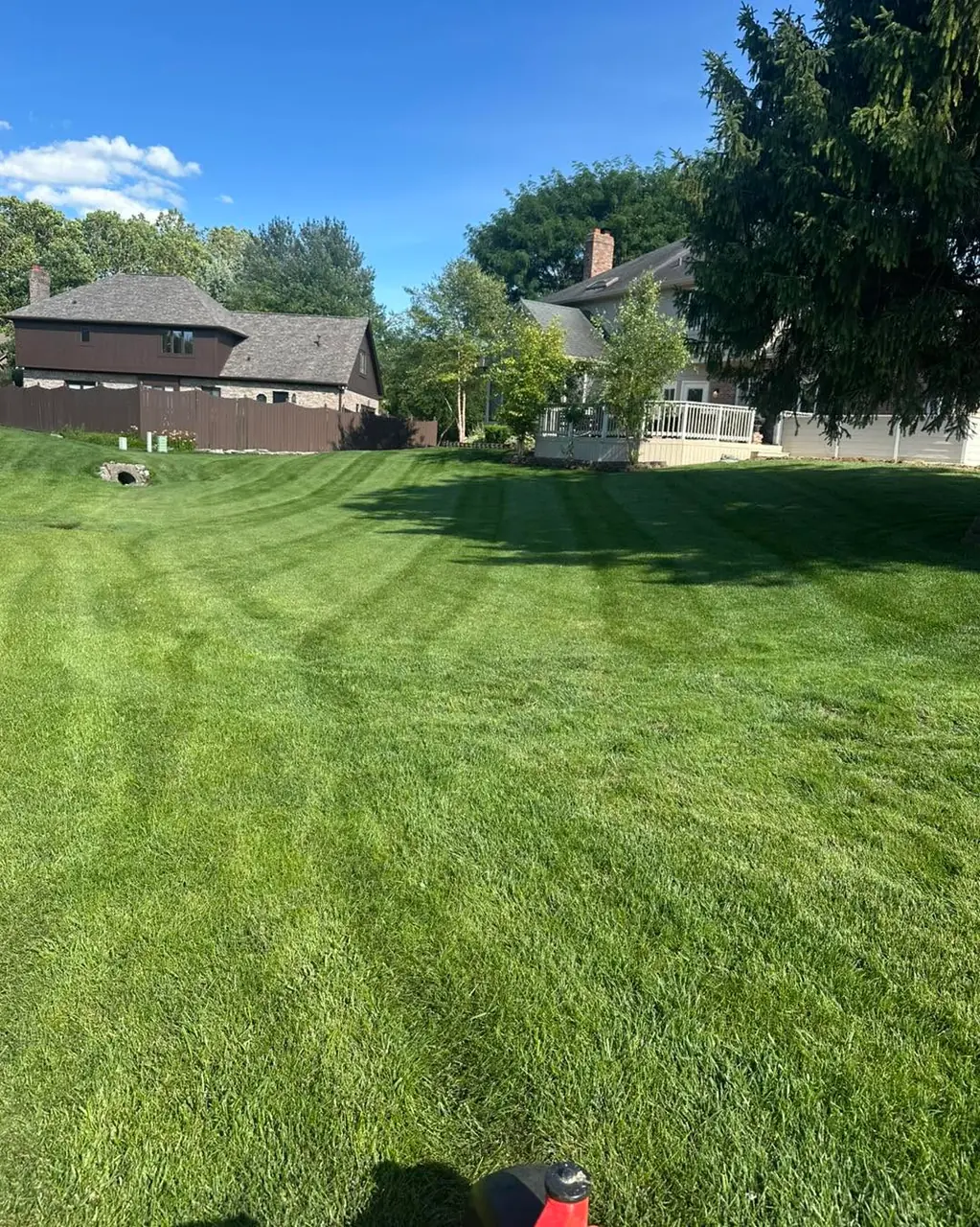 A sloped back lawn mown in stripes running down toward a drainage culvert and a brown timber house